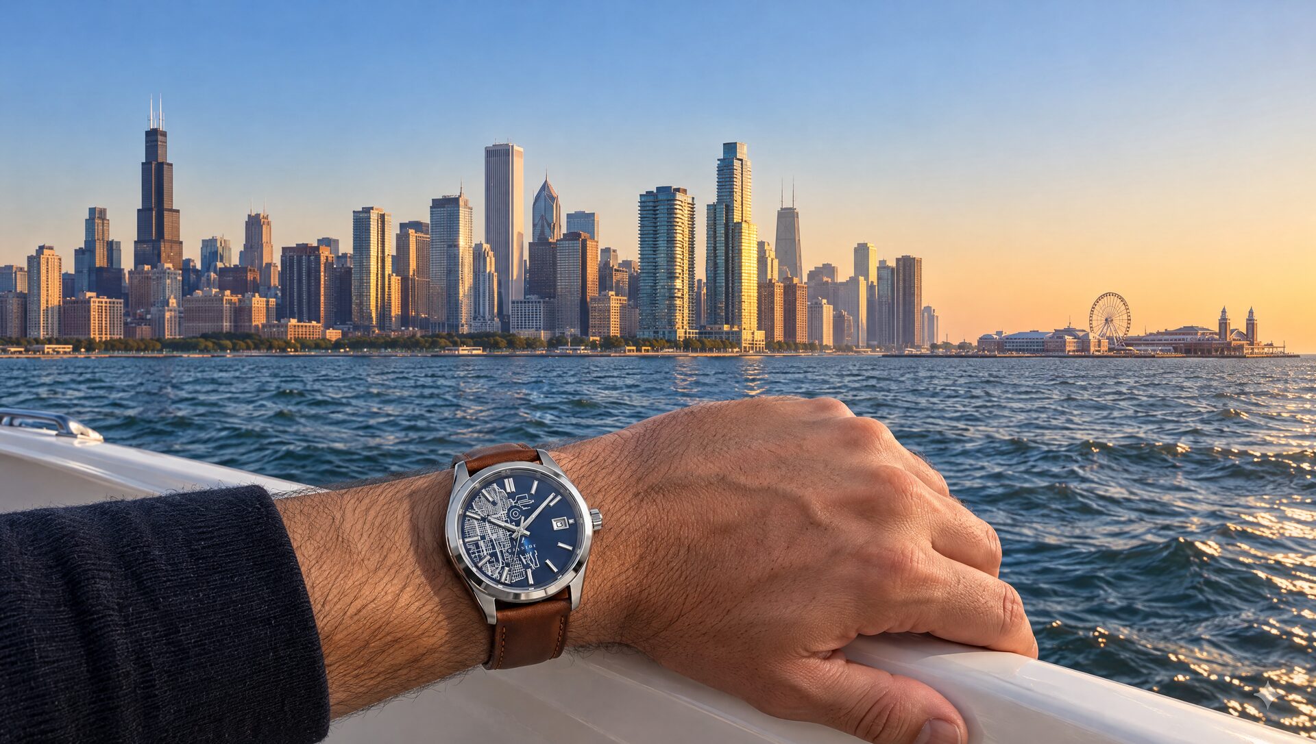 Chicago skyline from the water at sunrise, with a Bayside watch on the wearer's wrist resting on a boat's gunwale