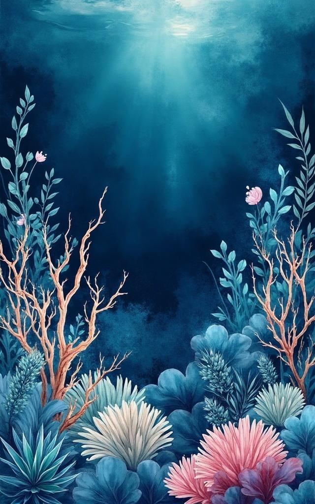 Illustrated coral reef beneath the water